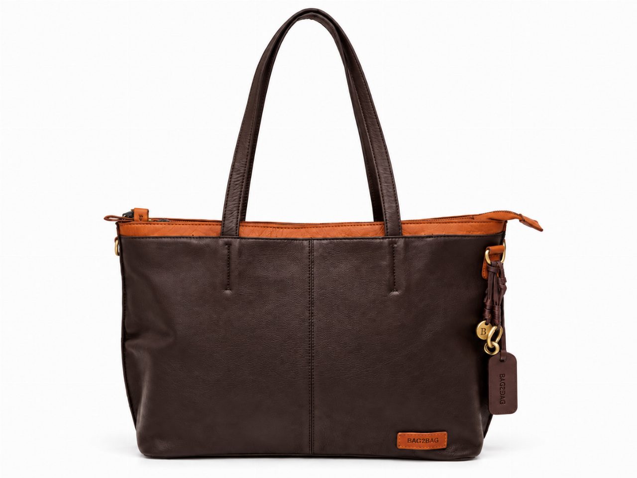 Bruine leren Bag2Bag Tiksi werktas met twee lange handgrepen.