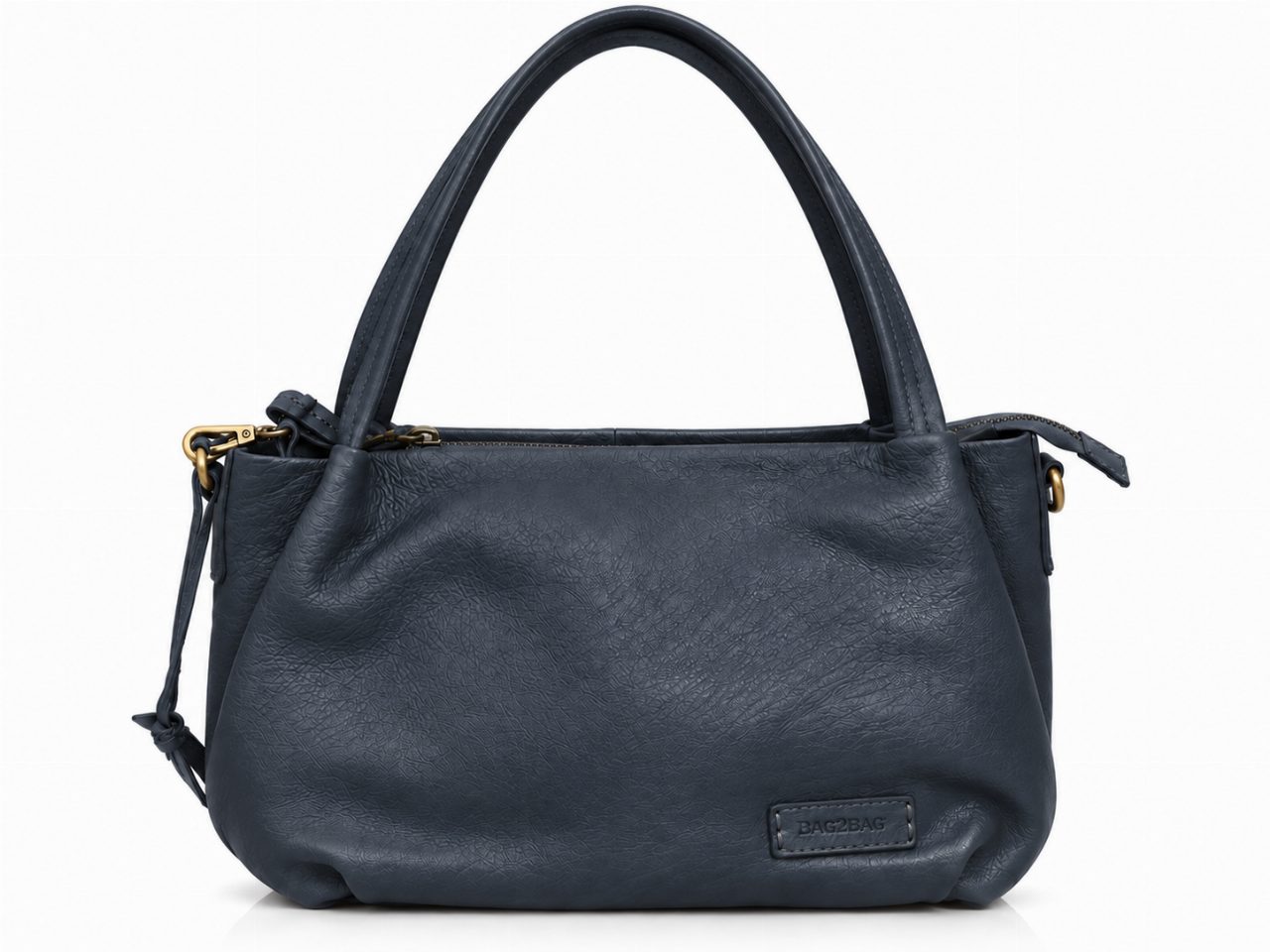 Donkerblauwe leren Bag2Bag Clyde tas met twee handgrepen en ritsdetails.