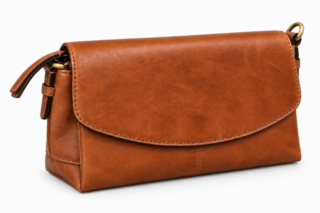 Cognackleurige Bag2Bag Troms tas met afgeronde leren overslag.