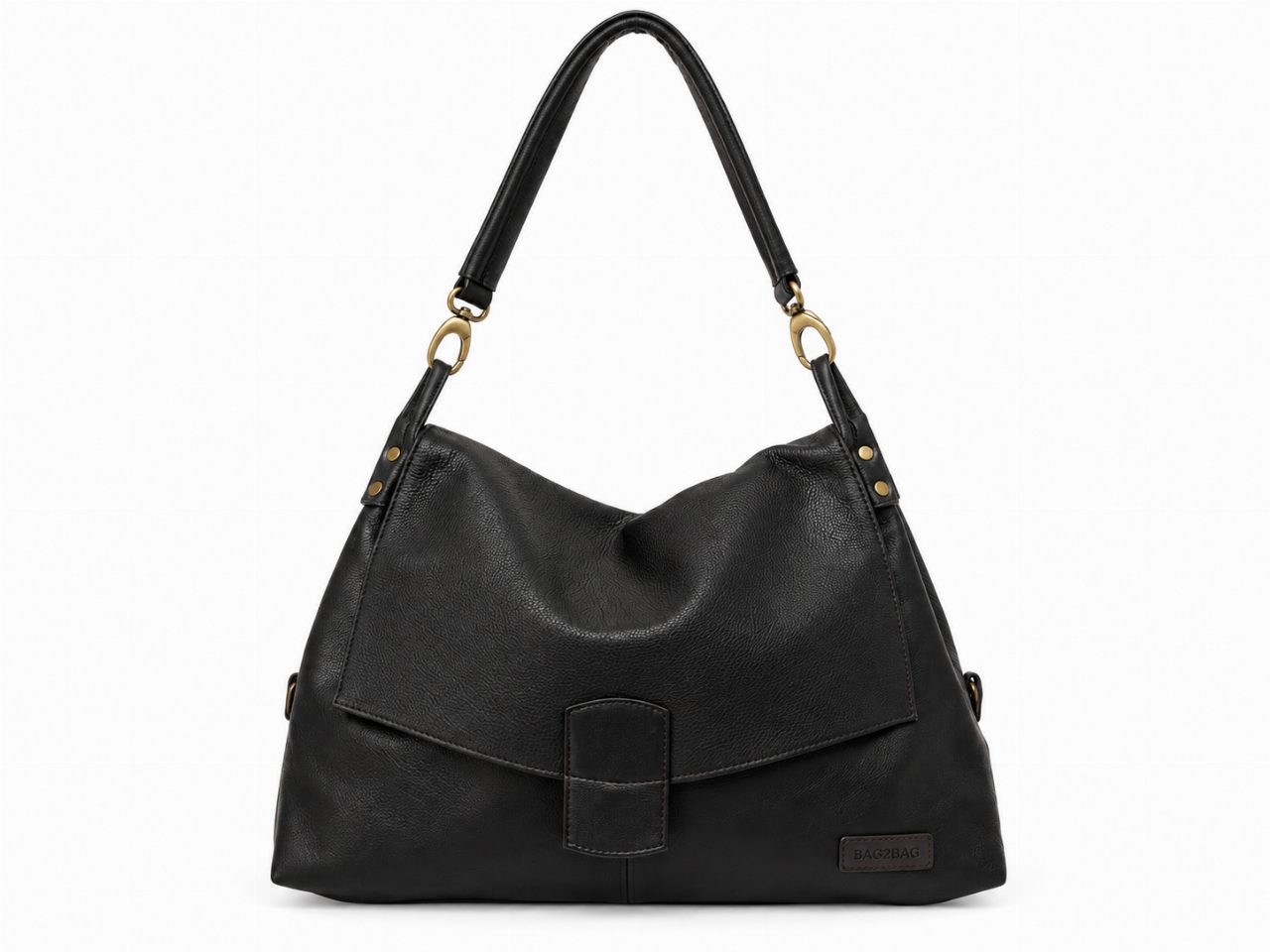 Zwarte leren Bag2Bag Pello tas met handvat en overslag.