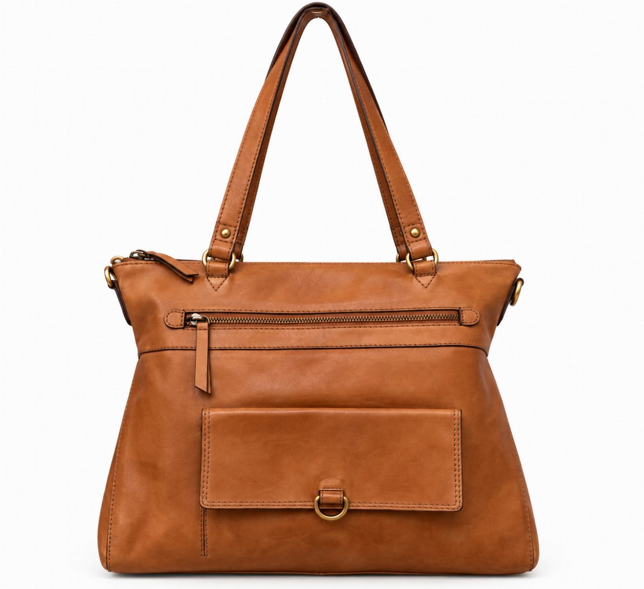 Cognackleurige leren Bag2Bag Gaya tas met handgrepen en voorvakken.